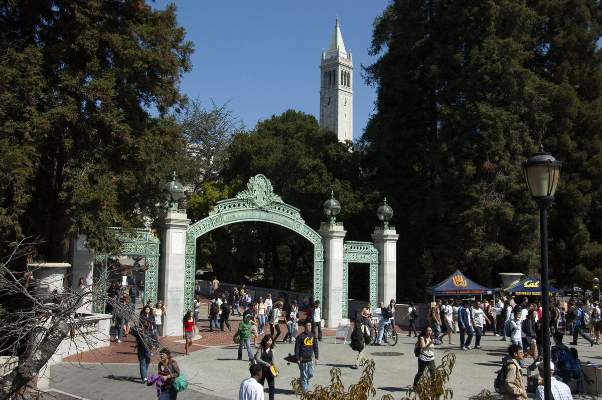 Sather Gate & students walking