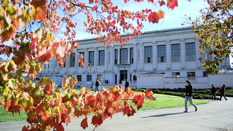 Doe Library with Fall leaves